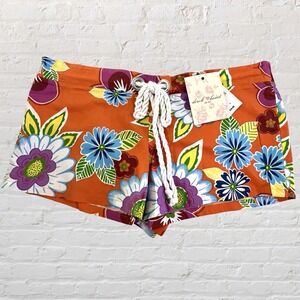 Derek Heart Floral Drawstring Baggies Shorty Shorts Size L Tropical‎ Lounge NWT